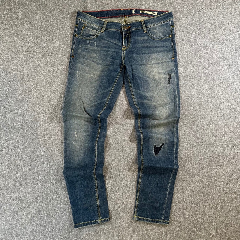 Bershka Denim Womens Skinny Jeans Medium Wash Distressed Y2K Blue Pants 33x30